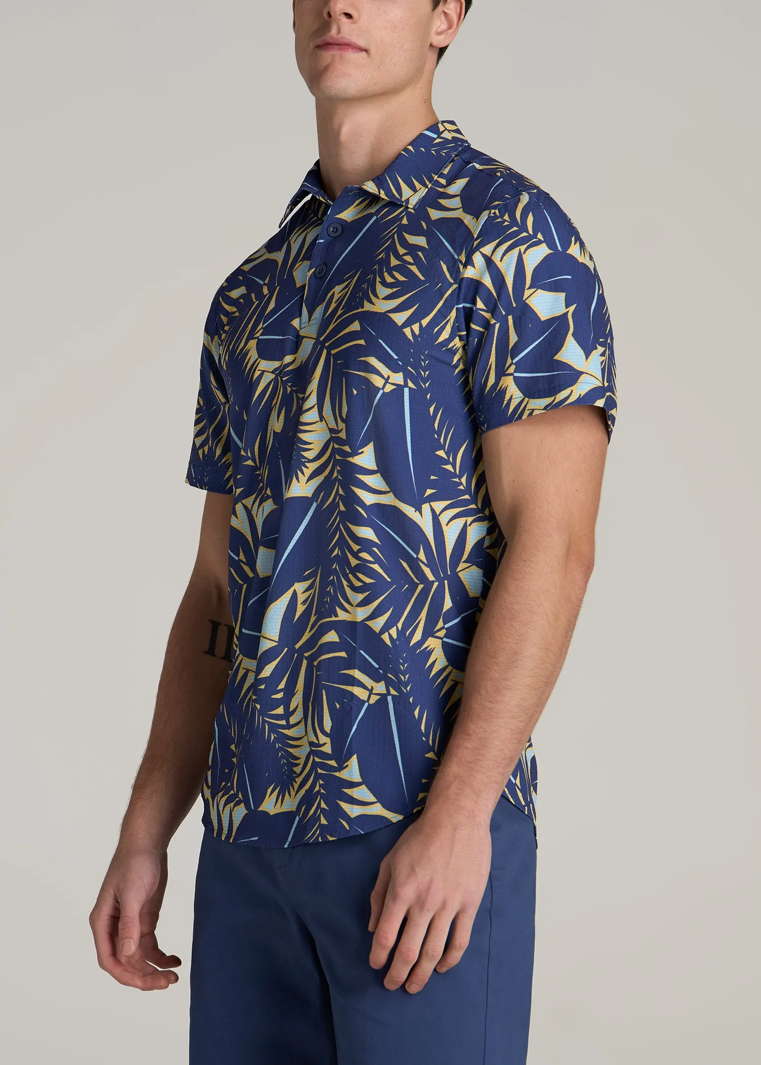Coastal Perforated Polo Shirt for Tall Men in Twilight Blue Palms sold by American Tall product image thumbnail 3