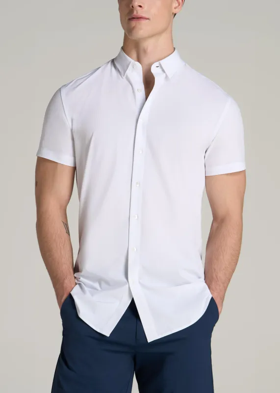 Short Sleeve Traveler Stretch Button Shirt for Tall Men in Bright White sold by American Tall