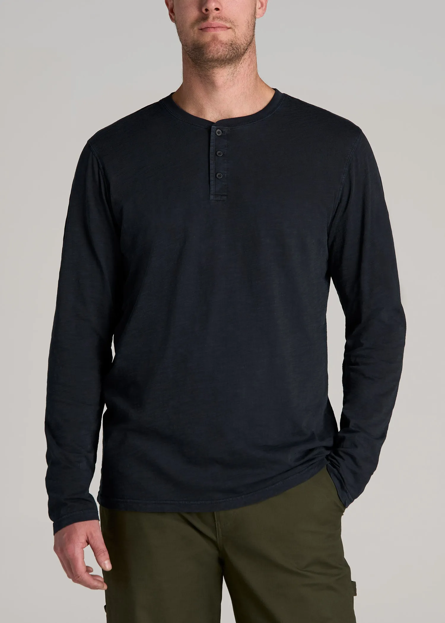 LJ&S Vintage Washed Slub Men's Tall Henley Shirt in Vintage Black sold by American Tall