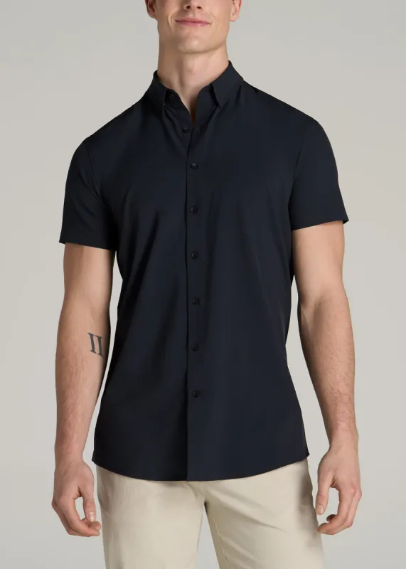 Short Sleeve Traveler Stretch Button Shirt for Tall Men in Black sold by American Tall