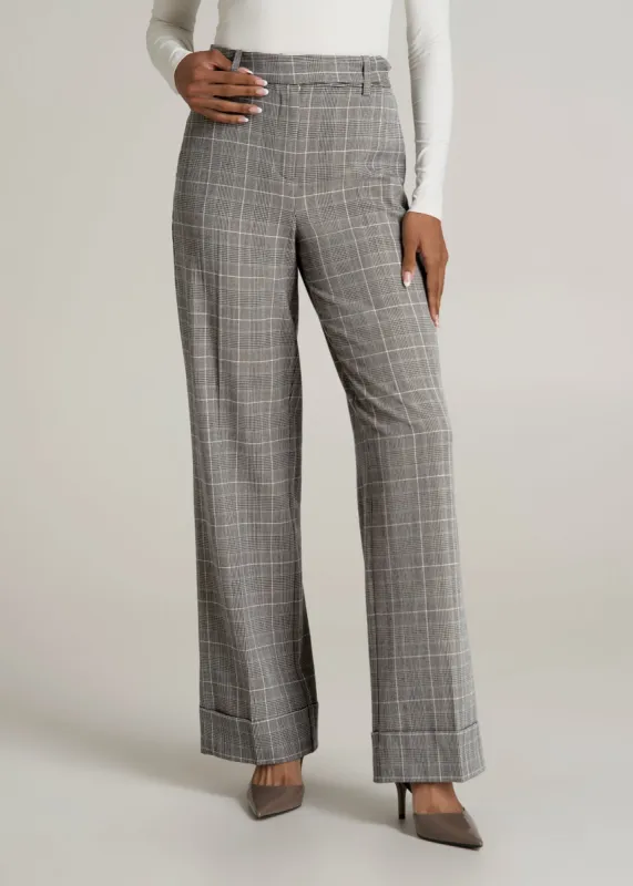 Wide-Leg Cuffed Pants for Tall Women in Navy Houndstooth with Teal sold by American Tall