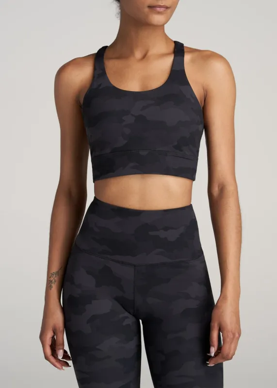 Women's Balance Crisscross Tall Sports Bra in Grey Camo sold by American Tall