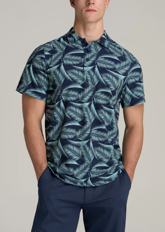 Coastal Perforated Tall Men's Polo Shirt in Navy and Aqua Palms sold by American Tall