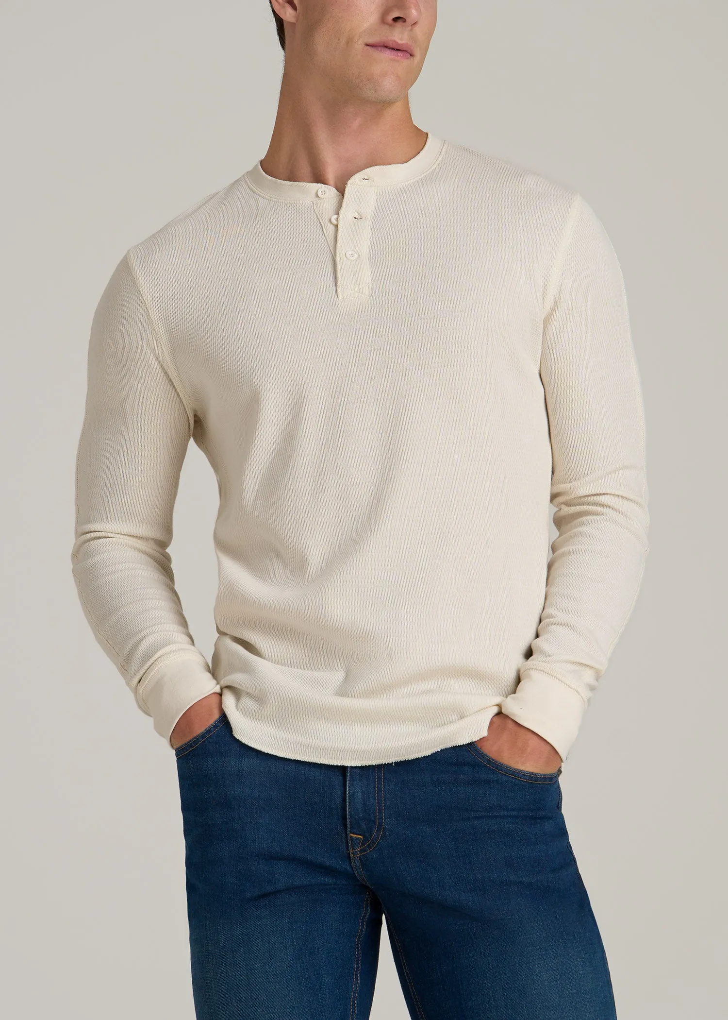 Double Honeycomb Thermal Long-Sleeve Henley Shirt for Tall Men in White Alyssum sold by American Tall