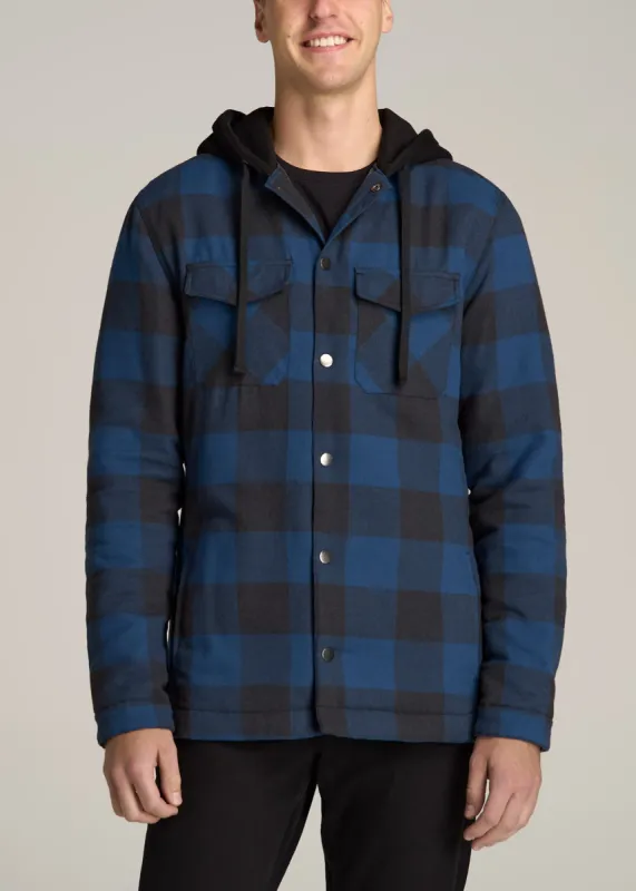 Hooded Flannel Shirt Jacket for Tall Men in Black and Blue Check sold by American Tall