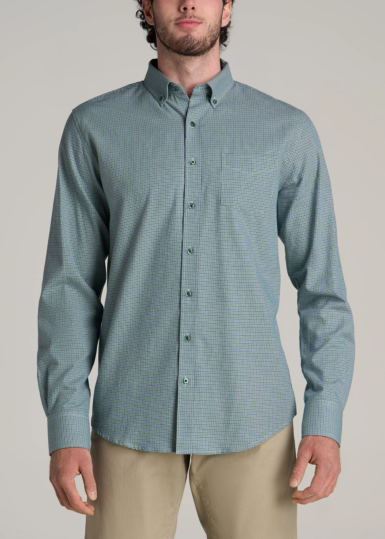 Soft-Wash Button-Up Shirt for Tall Men in Green and Navy Houndstooth sold by American Tall