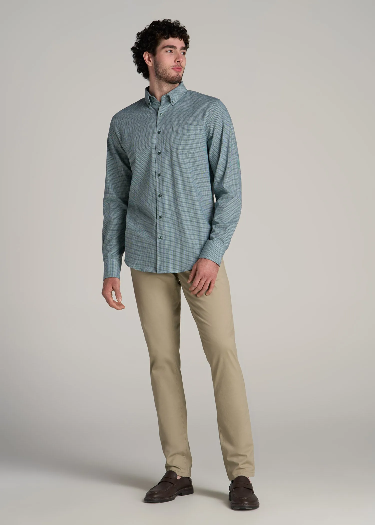 Soft-Wash Button-Up Shirt for Tall Men in Green and Navy Houndstooth sold by American Tall product image thumbnail 4
