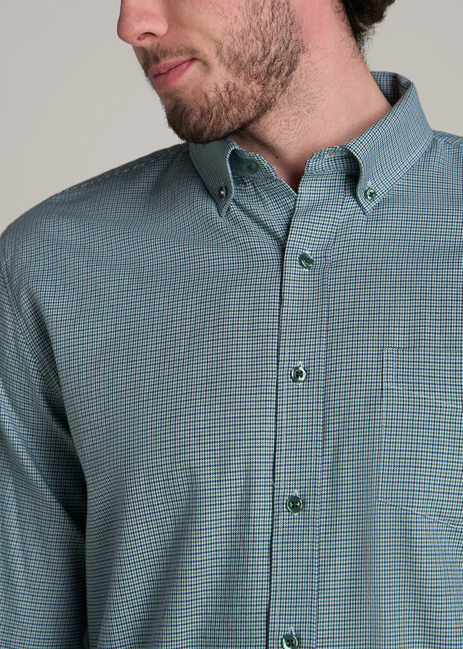 Soft-Wash Button-Up Shirt for Tall Men in Green and Navy Houndstooth sold by American Tall product image thumbnail 2