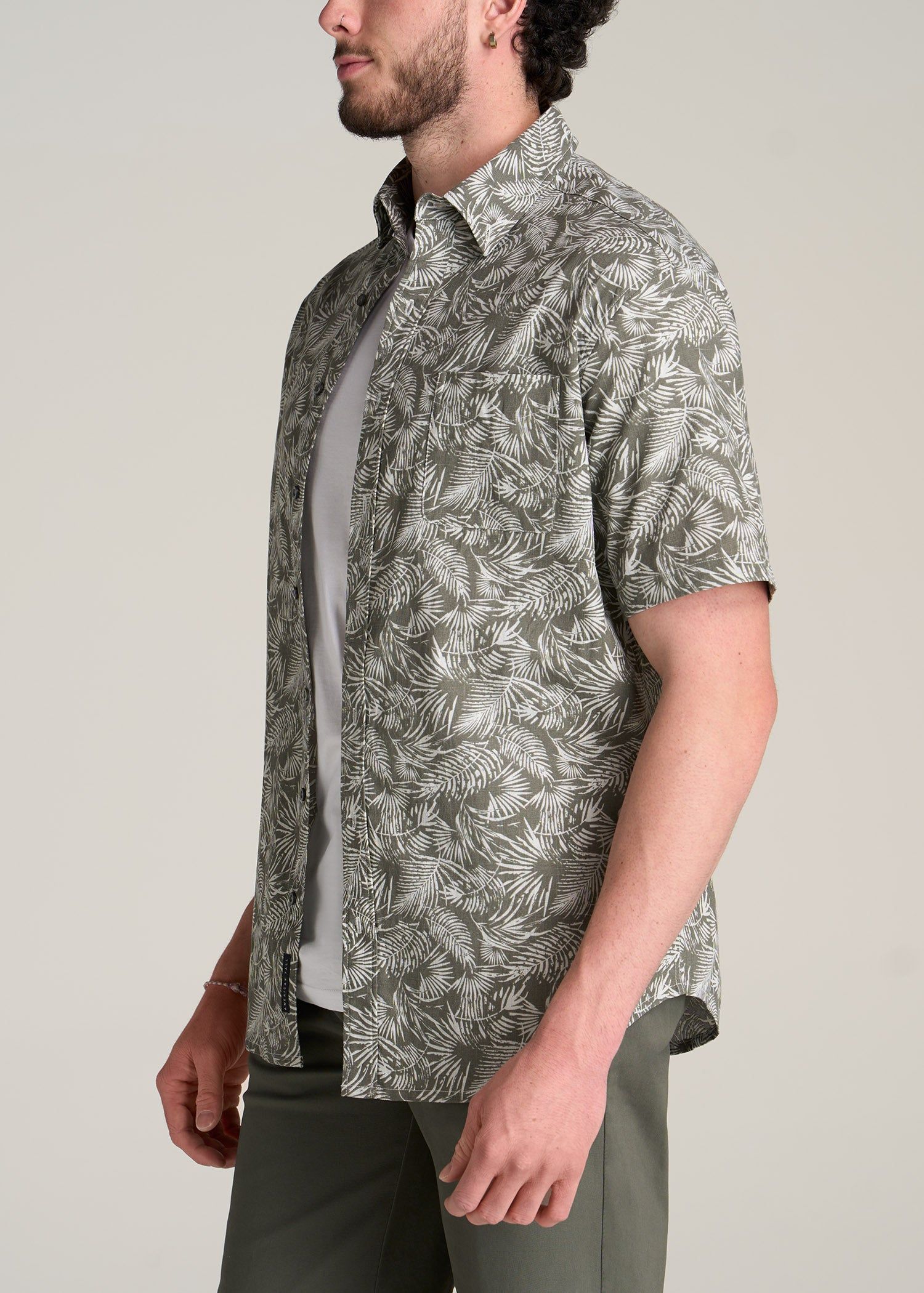 Chambray Print Short Sleeve Button-Up for Tall Men in Olive Paradise Print sold by American Tall product image thumbnail 3