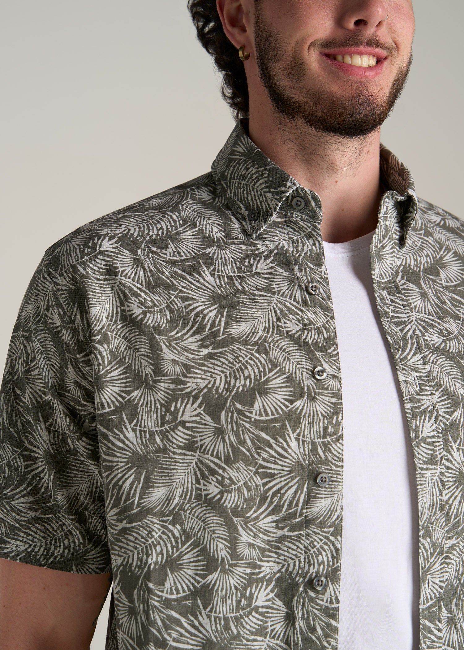 Chambray Print Short Sleeve Button-Up for Tall Men in Olive Paradise Print sold by American Tall product image thumbnail 2