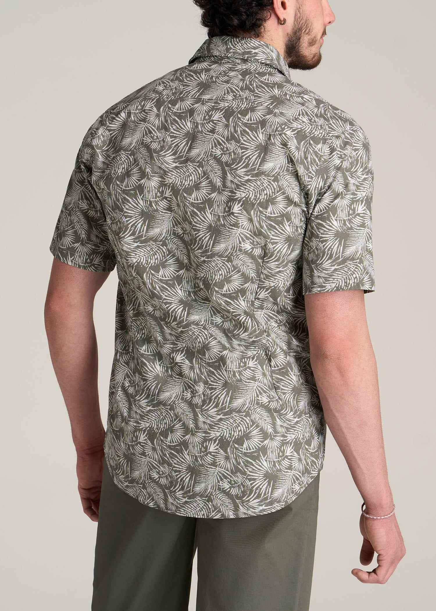 Chambray Print Short Sleeve Button-Up for Tall Men in Olive Paradise Print sold by American Tall product image thumbnail 5