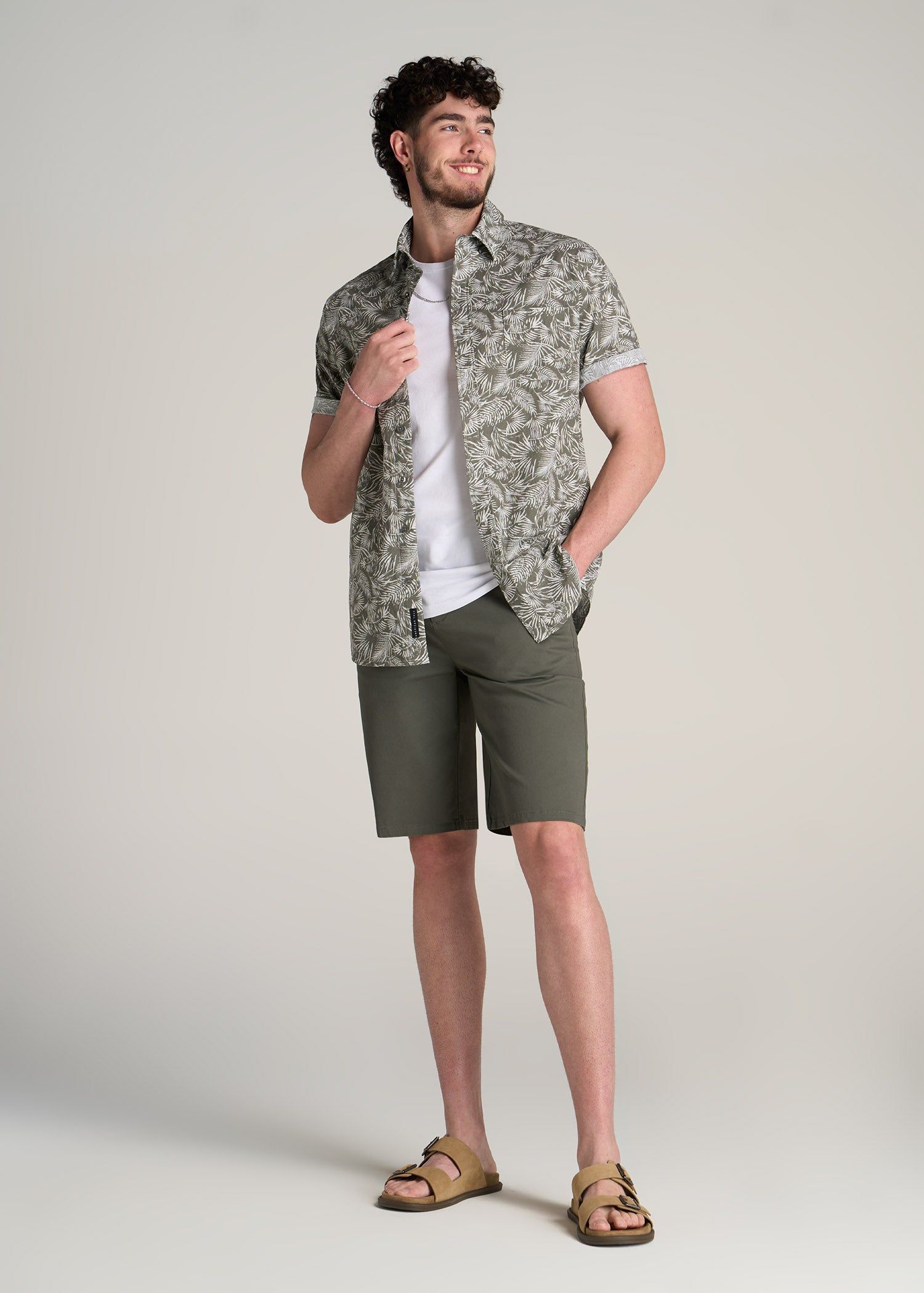 Chambray Print Short Sleeve Button-Up for Tall Men in Olive Paradise Print sold by American Tall product image thumbnail 4