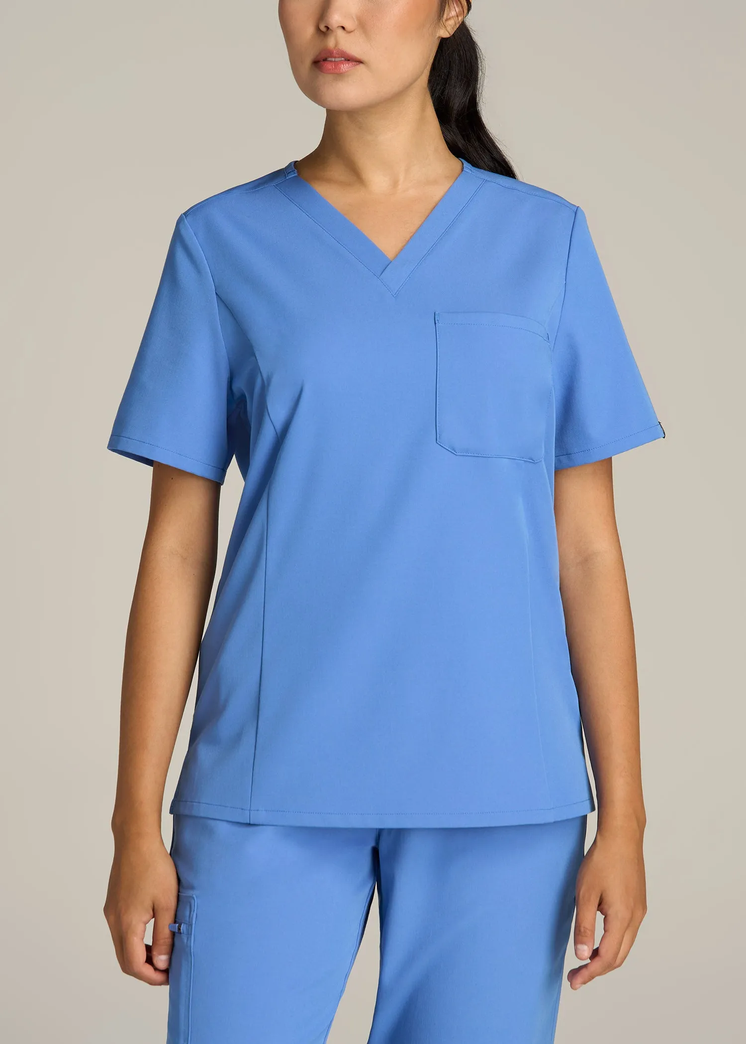Short Sleeve V-Neck Scrub Top for Tall Women in Deep Sky Blue sold by American Tall