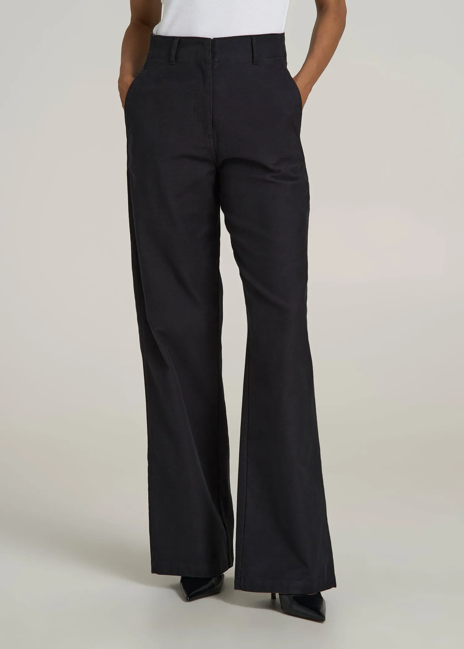 High-Rise Wide-Leg Flat-Front Chino Pants for Tall Women in Black sold by American Tall