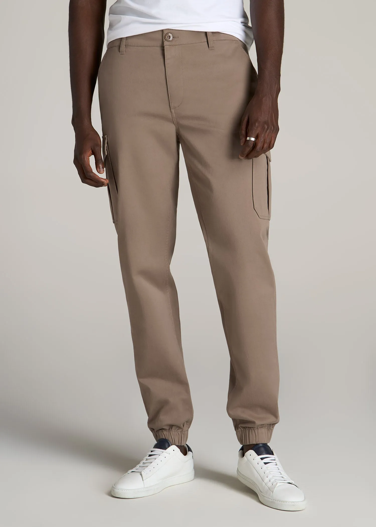 TAPERED-FIT Stretch Cotton Cargo Jogger Pants for Tall Men in Dark Sand sold by American Tall