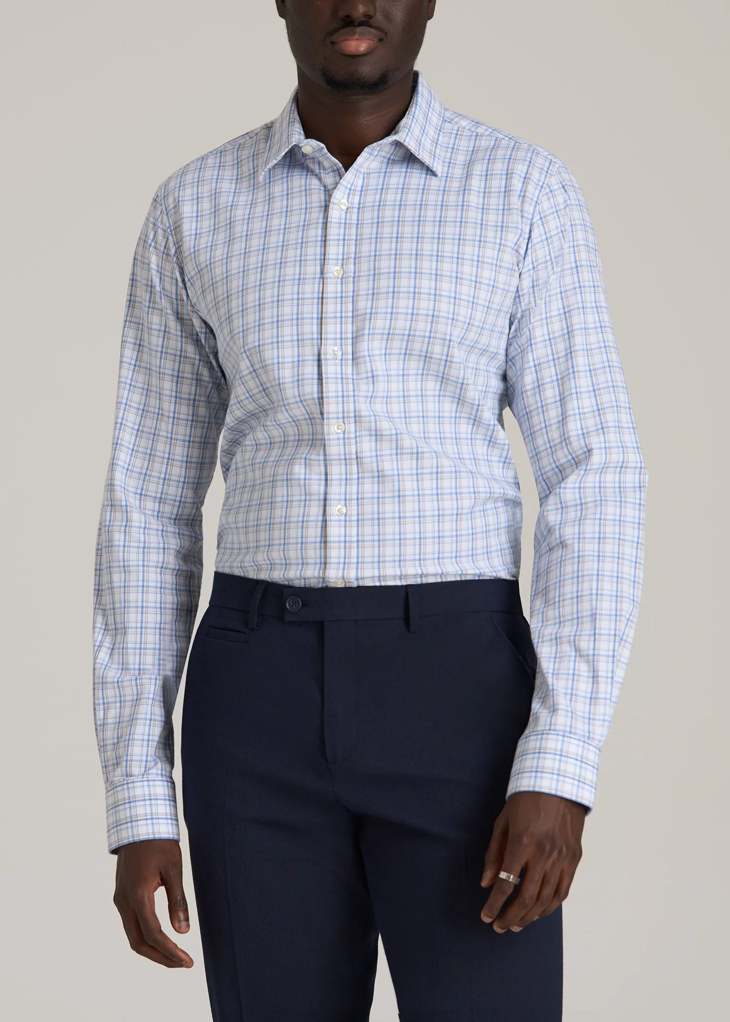 Oskar Button-Up Dress Shirt for Tall Men in Soft Blue and Beige Plaid sold by American Tall