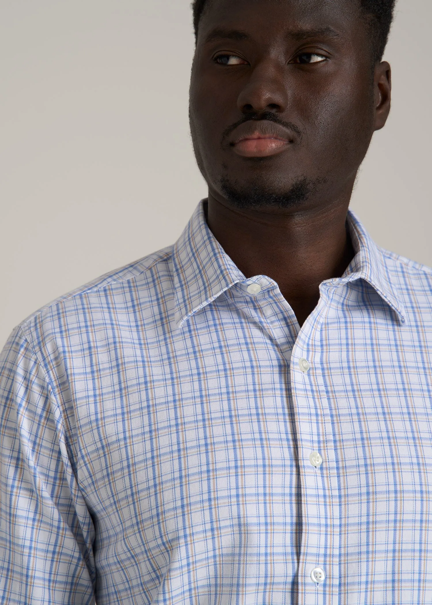 Oskar Button-Up Dress Shirt for Tall Men in Soft Blue and Beige Plaid sold by American Tall product image thumbnail 2
