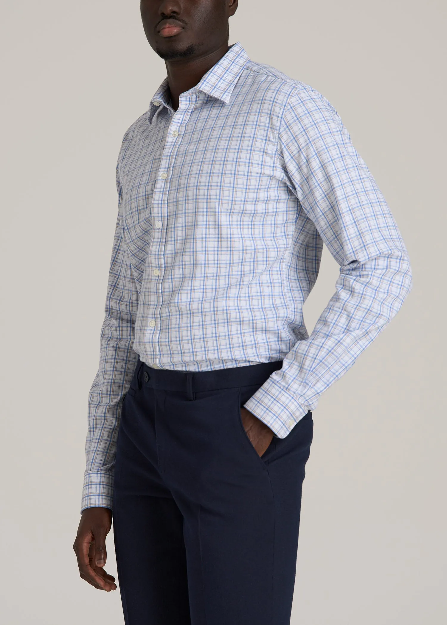 Oskar Button-Up Dress Shirt for Tall Men in Soft Blue and Beige Plaid sold by American Tall product image thumbnail 3