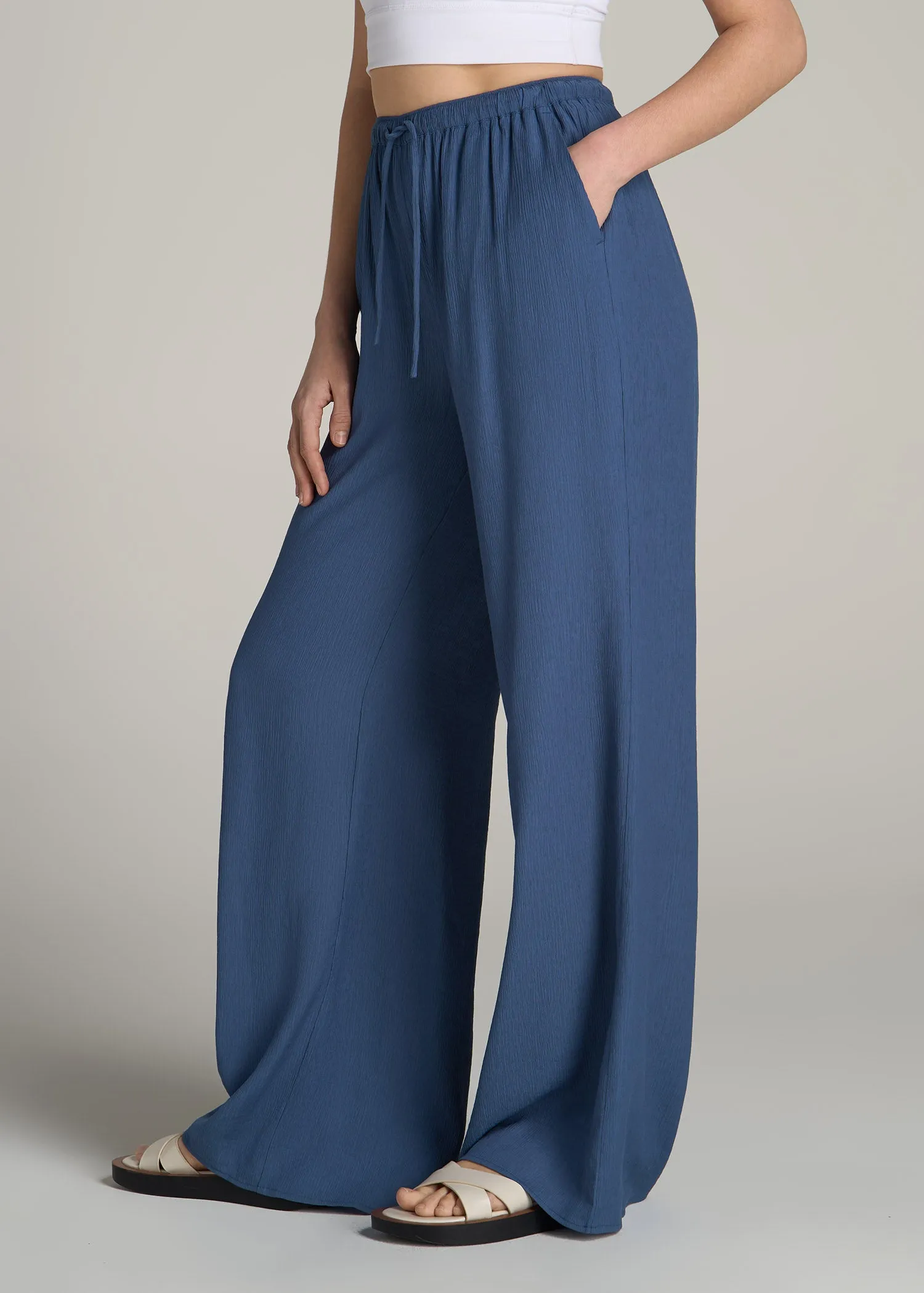 Crinkle Pull-on Wide-leg Pants for Tall Women in Steel Blue sold by American Tall product image thumbnail 3
