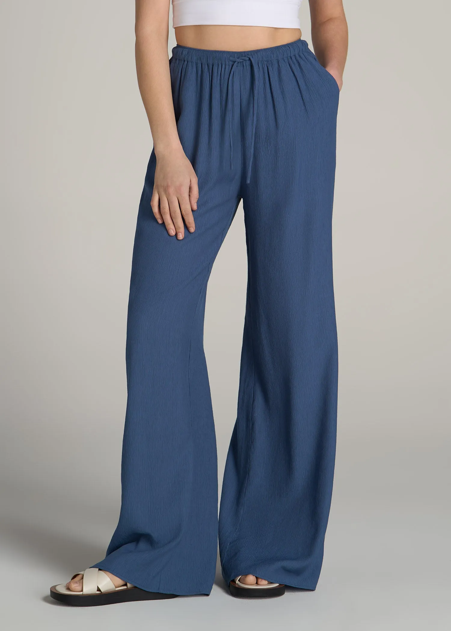 Crinkle Pull-on Wide-leg Pants for Tall Women in Steel Blue sold by American Tall