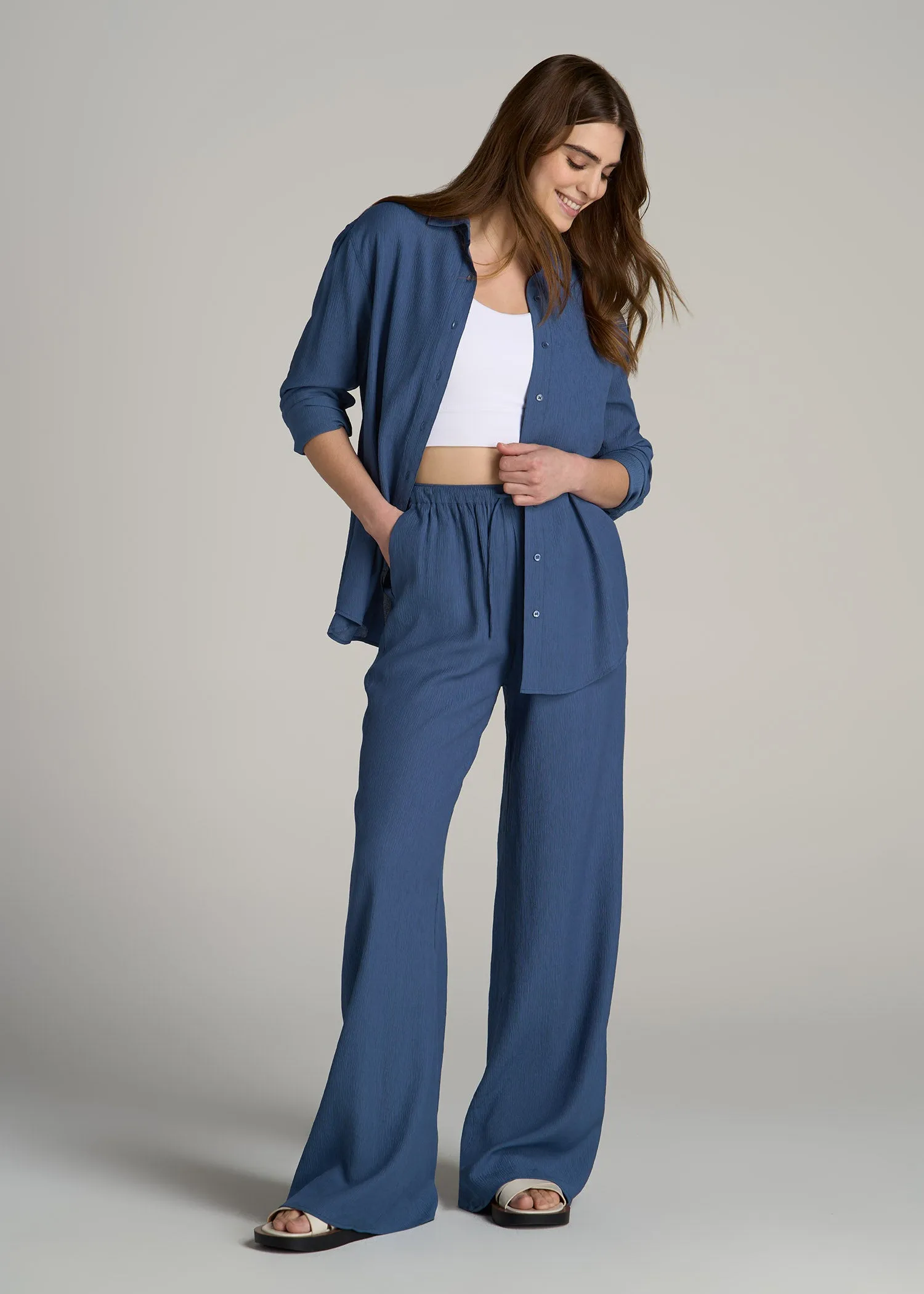 Crinkle Pull-on Wide-leg Pants for Tall Women in Steel Blue sold by American Tall product image thumbnail 4