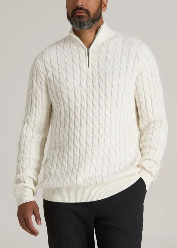Cable Knit Half Zip Sweater for Tall Men in Ivory White sold by American Tall