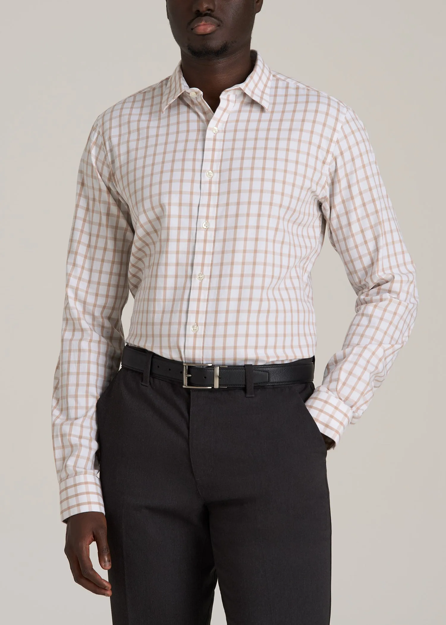 Oskar Button-Up Dress Shirt for Tall Men in Beige Grid sold by American Tall