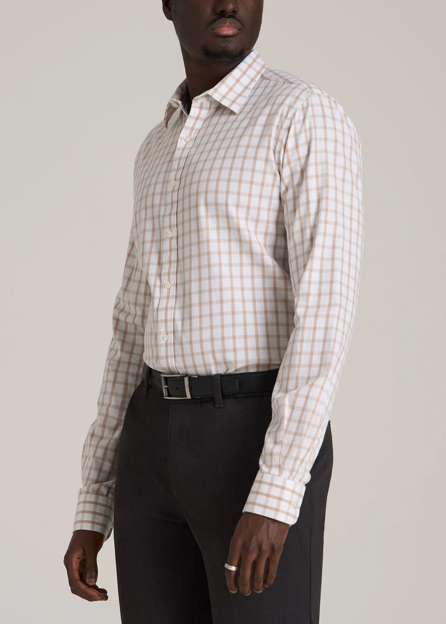 Oskar Button-Up Dress Shirt for Tall Men in Beige Grid sold by American Tall product image thumbnail 3