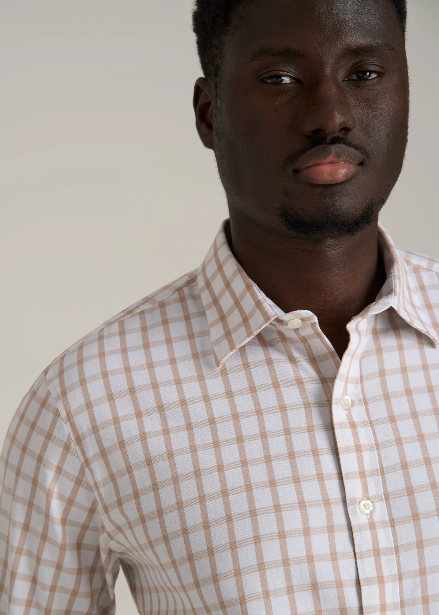 Oskar Button-Up Dress Shirt for Tall Men in Beige Grid sold by American Tall product image thumbnail 2