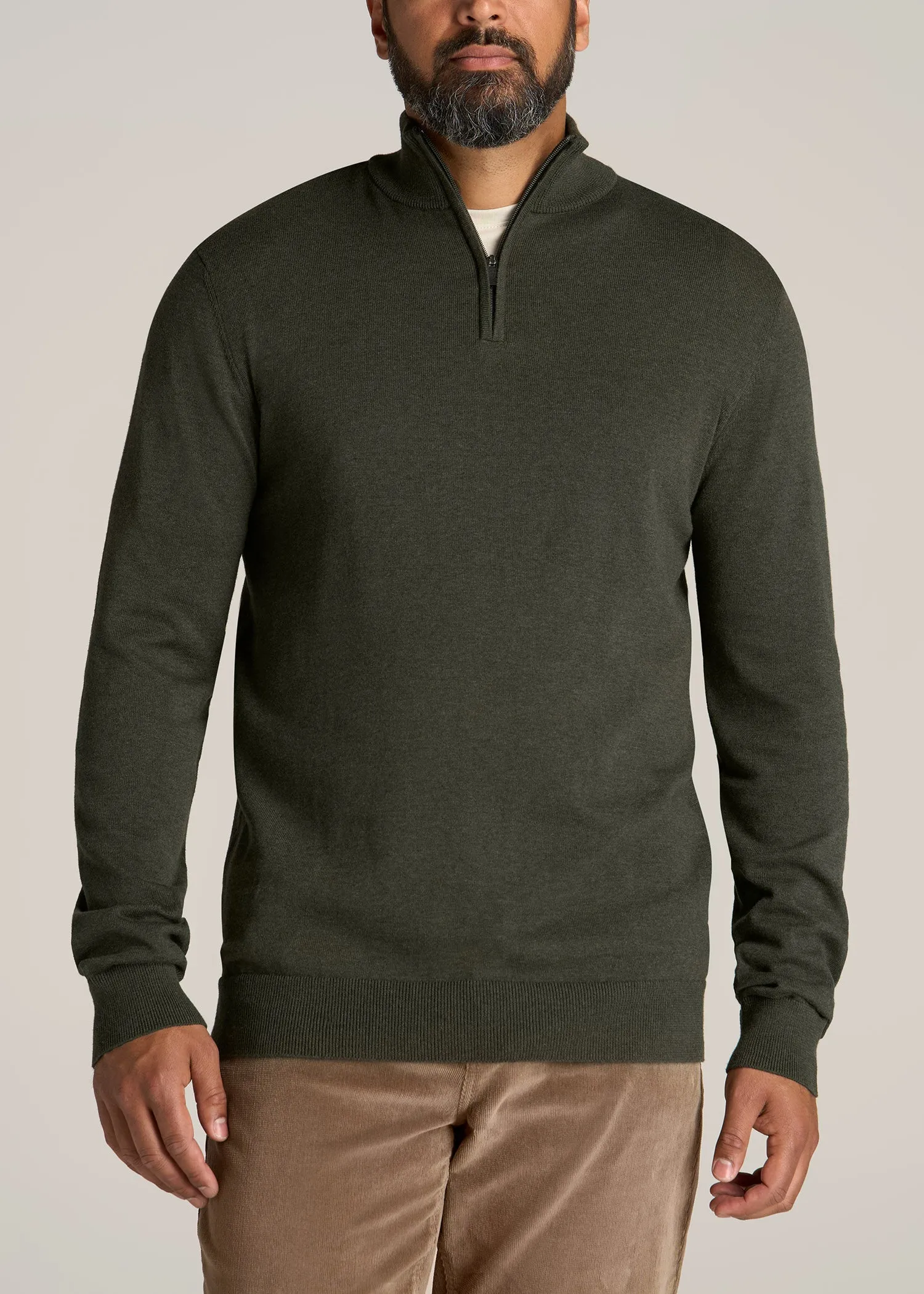 Everyday Quarter-Zip Tall Men's Sweater in Dark Olive Green sold by American Tall
