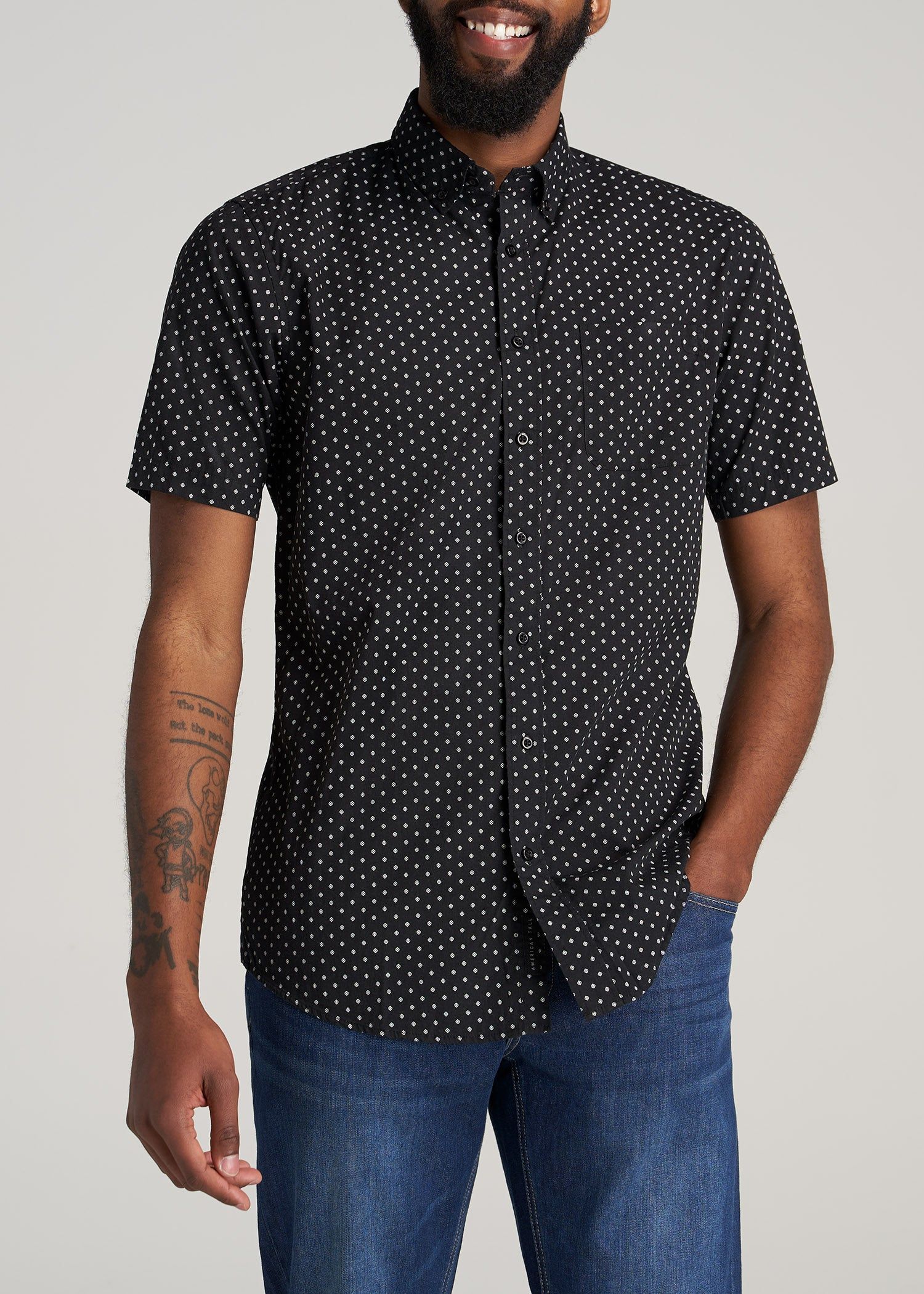 Woven Print Short Sleeve Shirt for Tall Men in Black Mini Geometric Print sold by American Tall