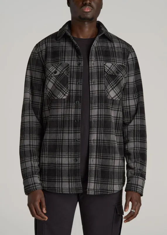 Sherpa-Lined Fleece Overshirt for Tall Men in Light Grey & Black Plaid sold by American Tall