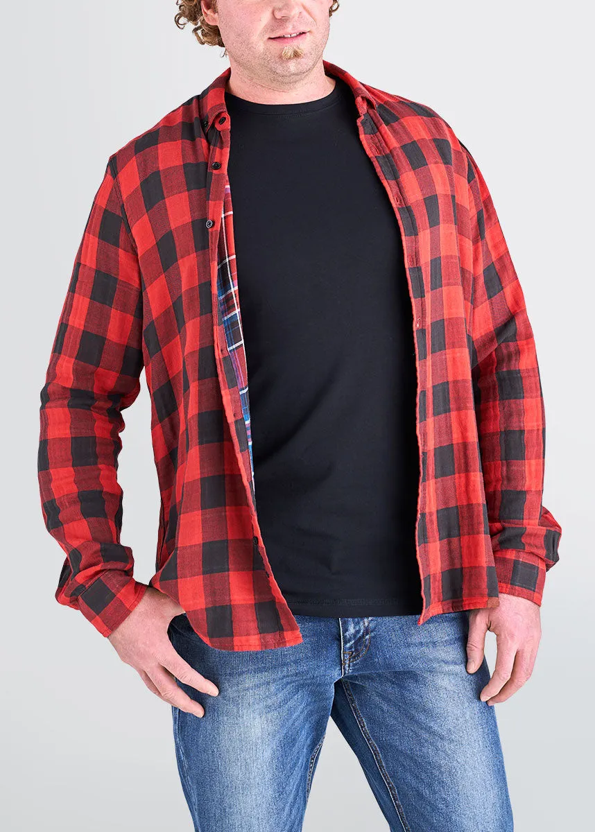 Double-Weave Button-Up Shirt for Tall Men in Red & Black Plaid sold by American Tall