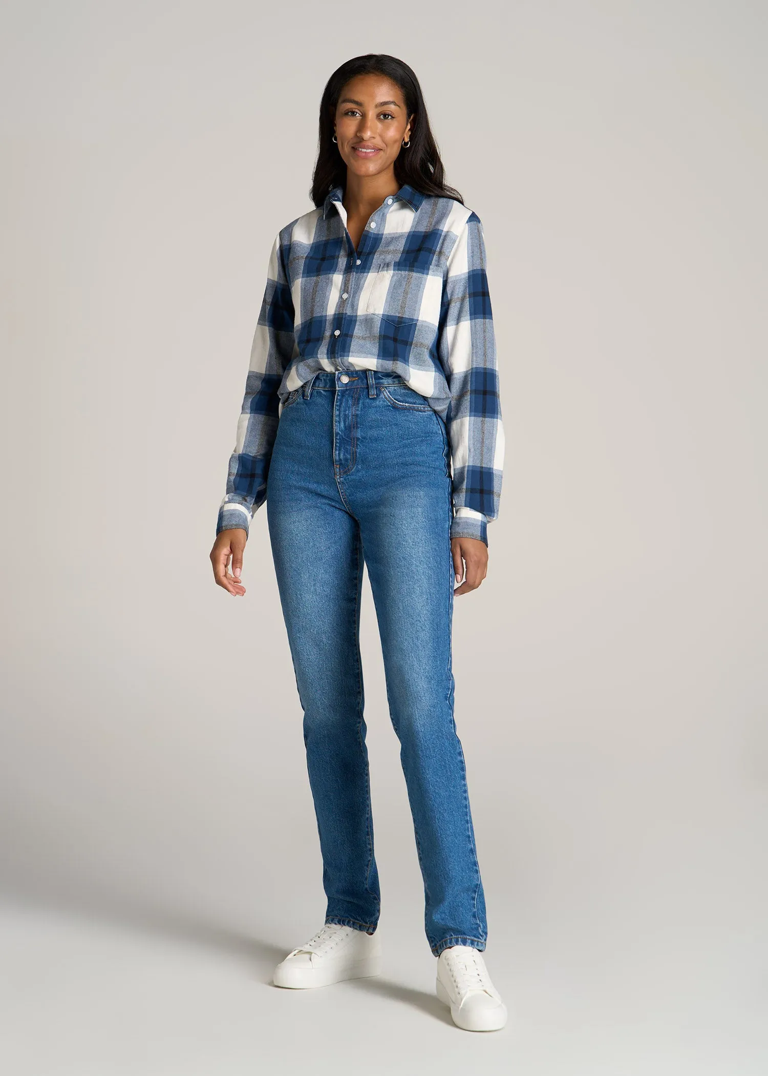Flannel Button-Up Shirt for Tall Women in Ocean Blue and White sold by American Tall product image thumbnail 4