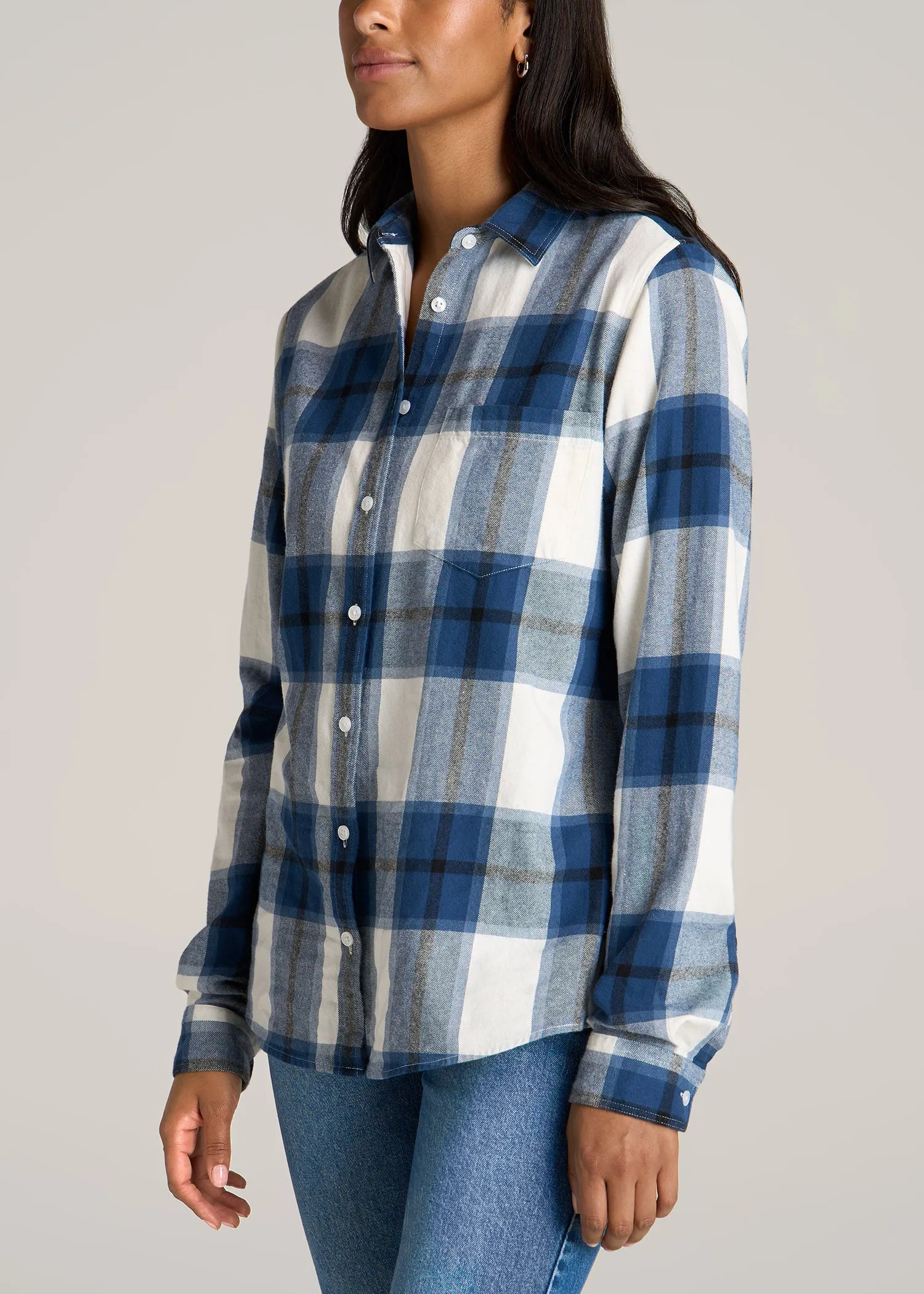 Flannel Button-Up Shirt for Tall Women in Ocean Blue and White sold by American Tall product image thumbnail 3