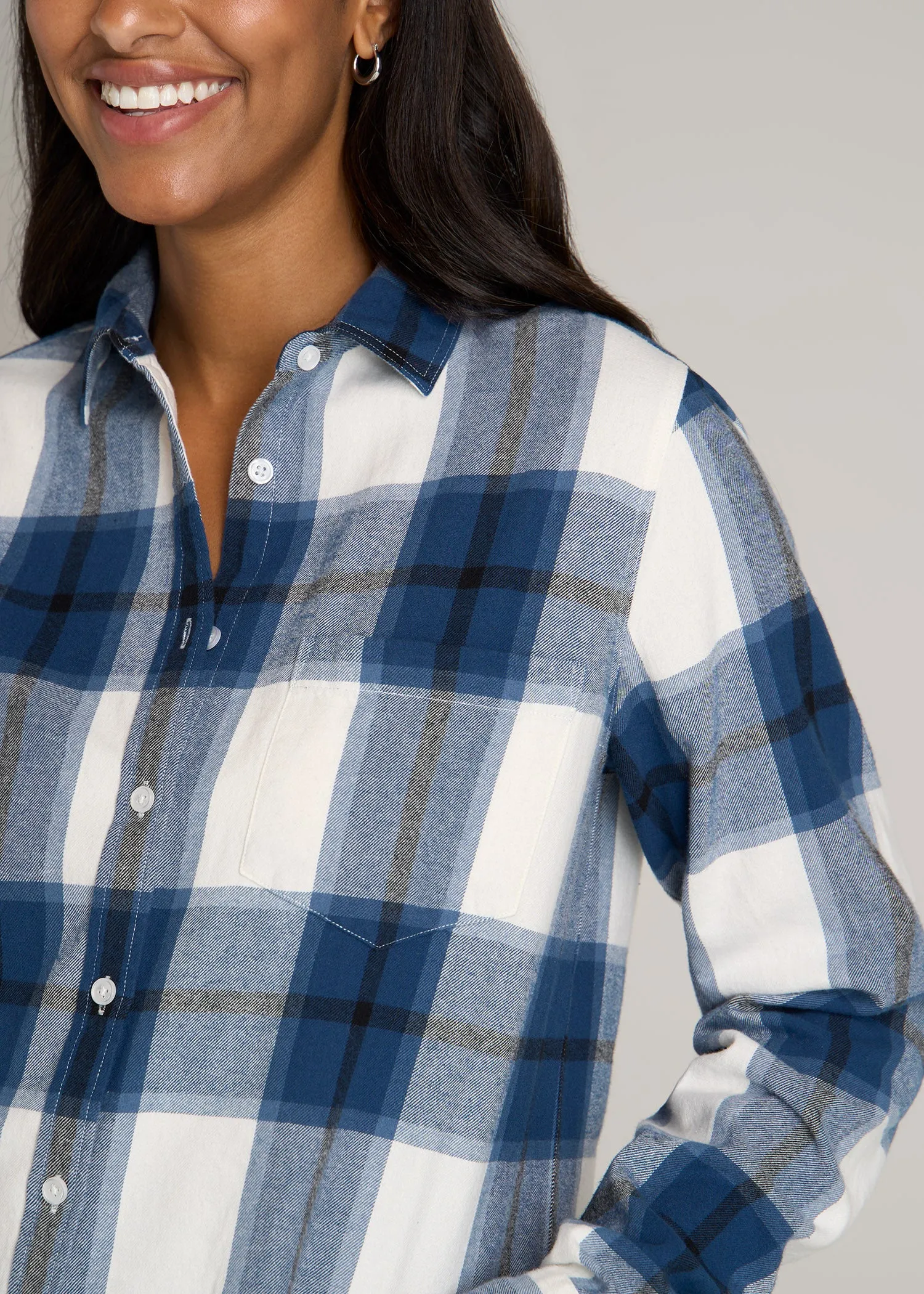 Flannel Button-Up Shirt for Tall Women in Ocean Blue and White sold by American Tall product image thumbnail 2