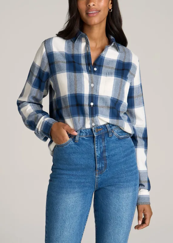 Flannel Button-Up Shirt for Tall Women in Ocean Blue and White made by American Tall