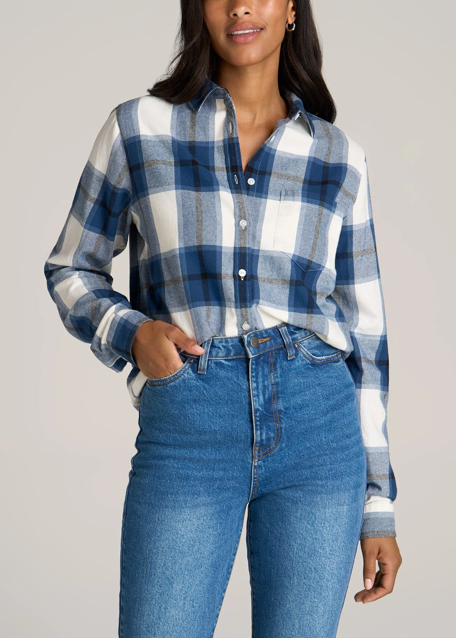 Flannel Button-Up Shirt for Tall Women in Ocean Blue and White sold by American Tall
