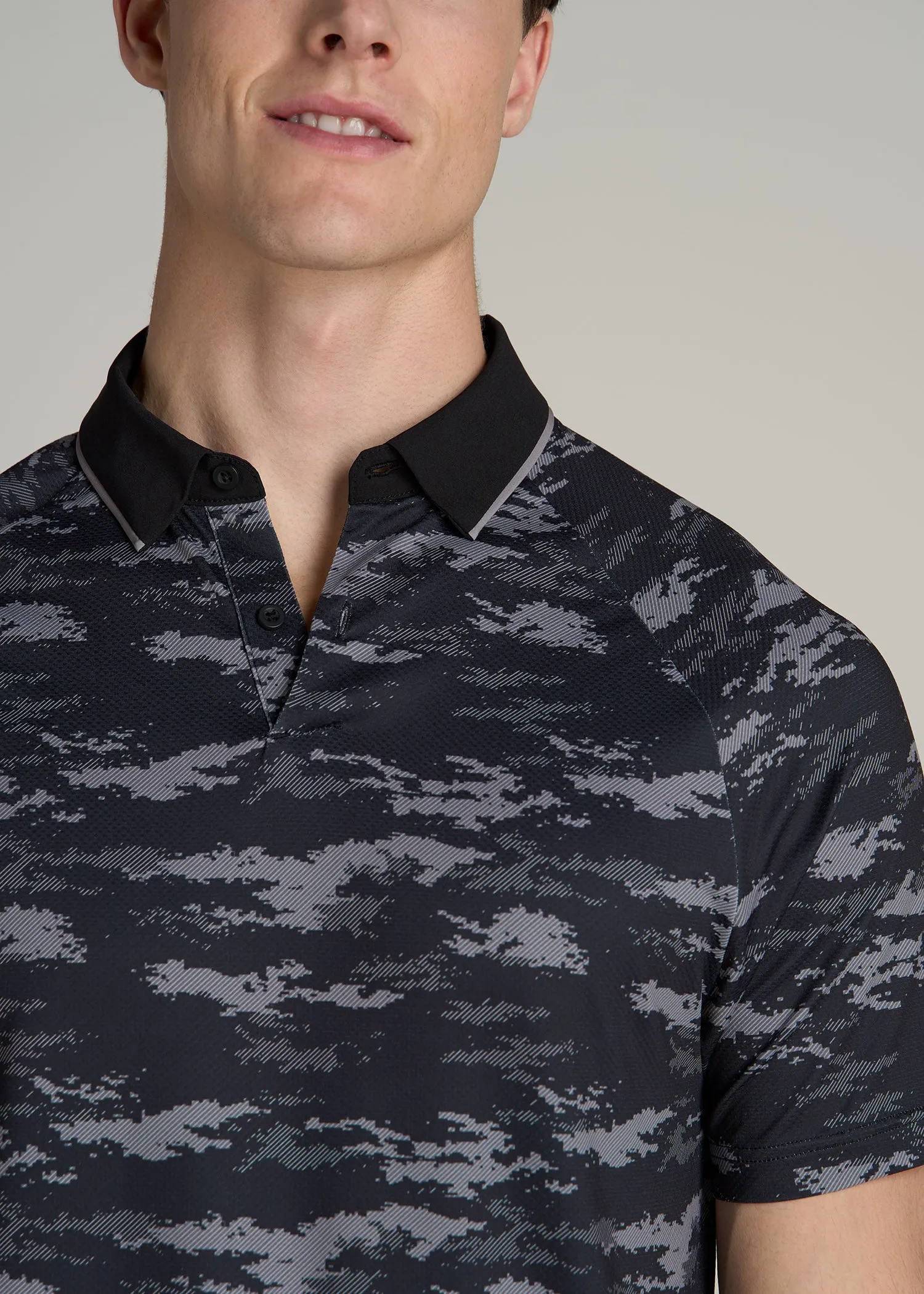 Contrast Collar A.T. Performance Print Golf Tall Men's Polo Shirt in Black and Grey Camo sold by American Tall product image thumbnail 2