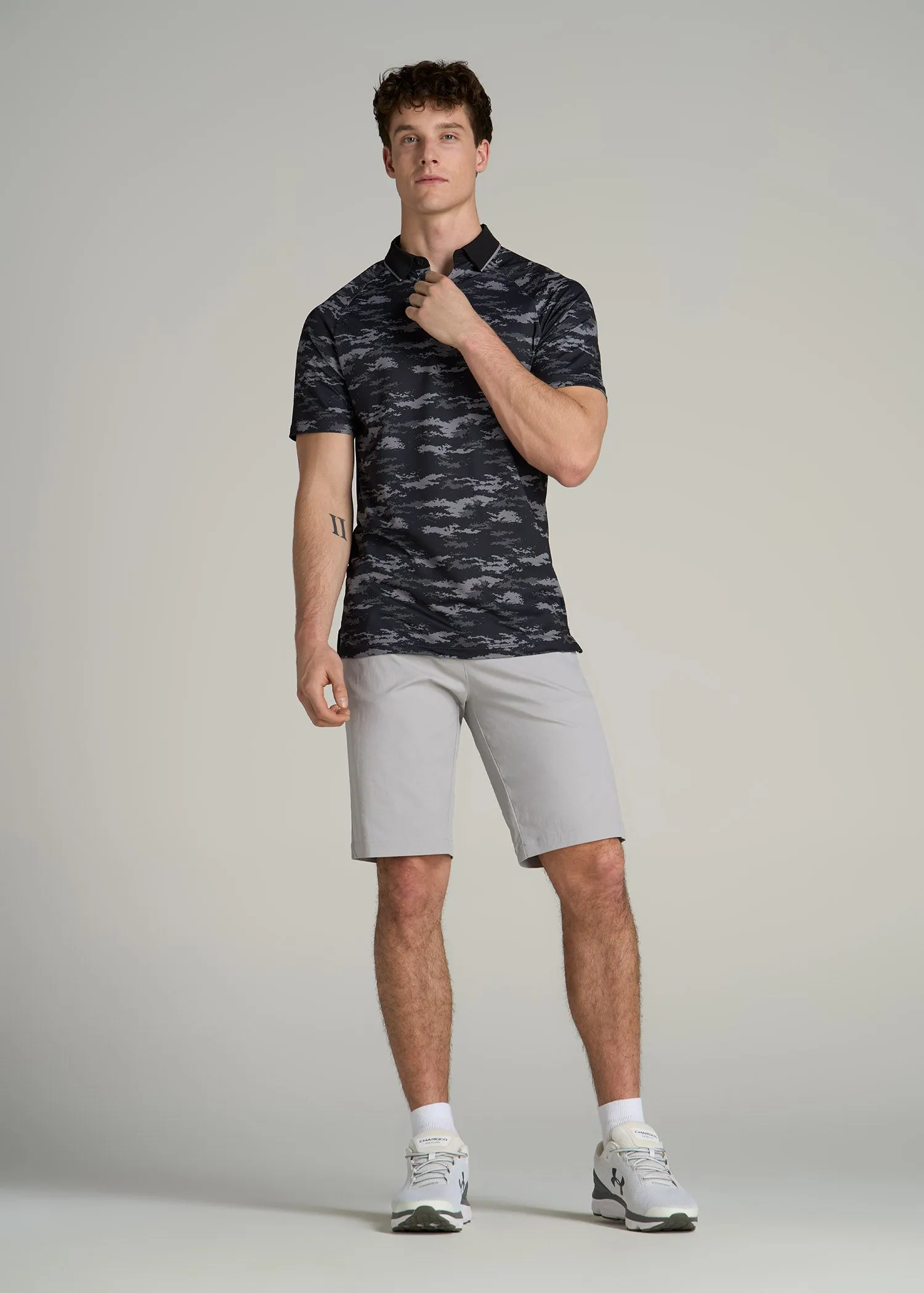 Contrast Collar A.T. Performance Print Golf Tall Men's Polo Shirt in Black and Grey Camo sold by American Tall product image thumbnail 4