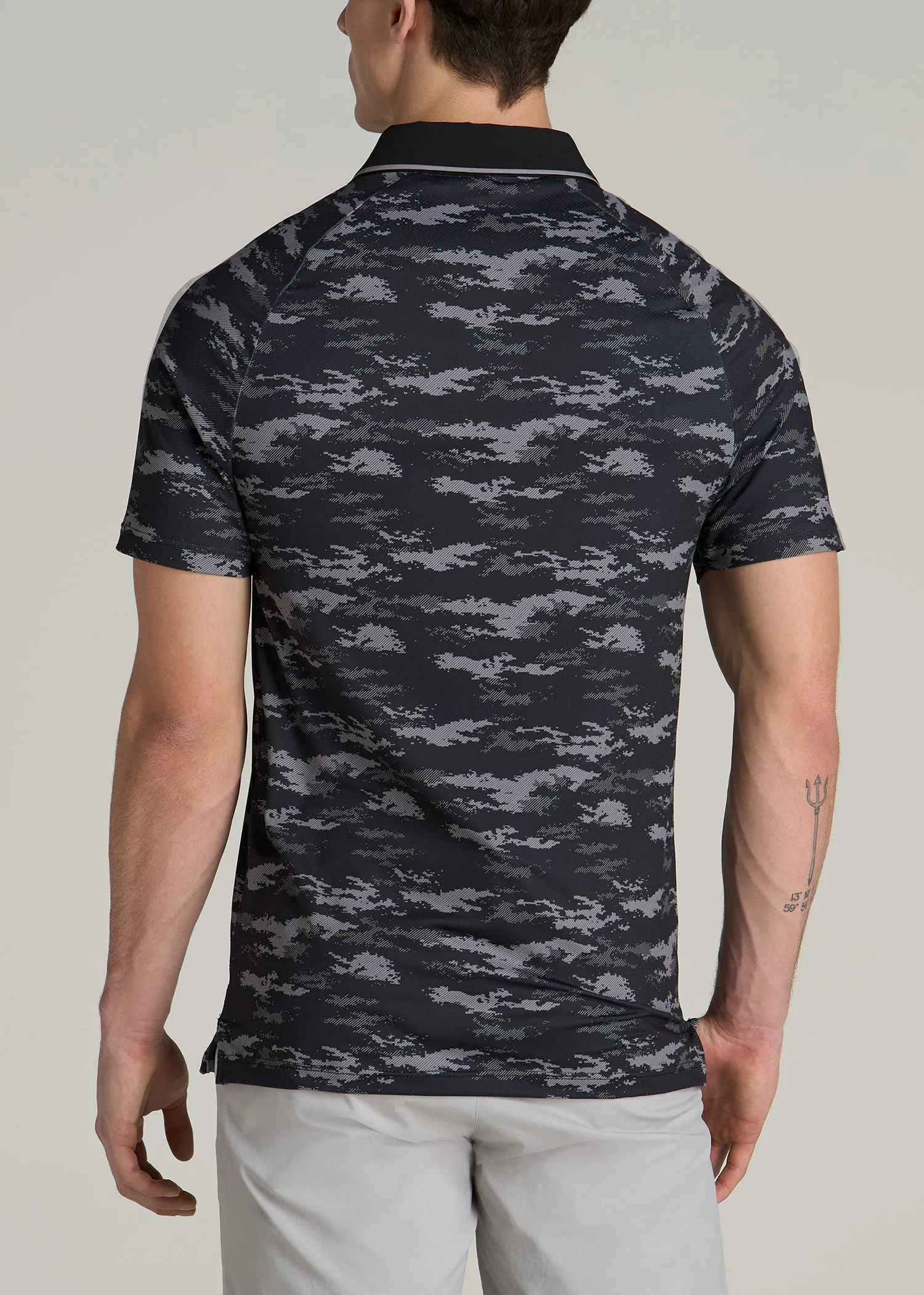 Contrast Collar A.T. Performance Print Golf Tall Men's Polo Shirt in Black and Grey Camo sold by American Tall product image thumbnail 5