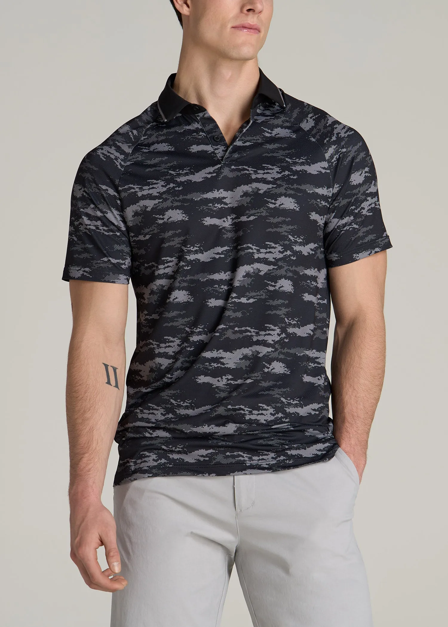 Contrast Collar A.T. Performance Print Golf Tall Men's Polo Shirt in Black and Grey Camo sold by American Tall