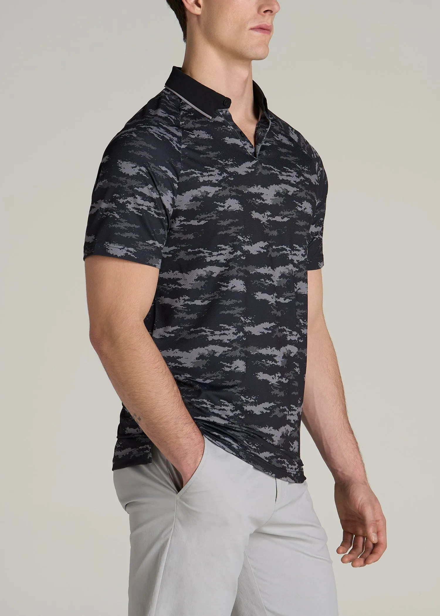 Contrast Collar A.T. Performance Print Golf Tall Men's Polo Shirt in Black and Grey Camo sold by American Tall product image thumbnail 3