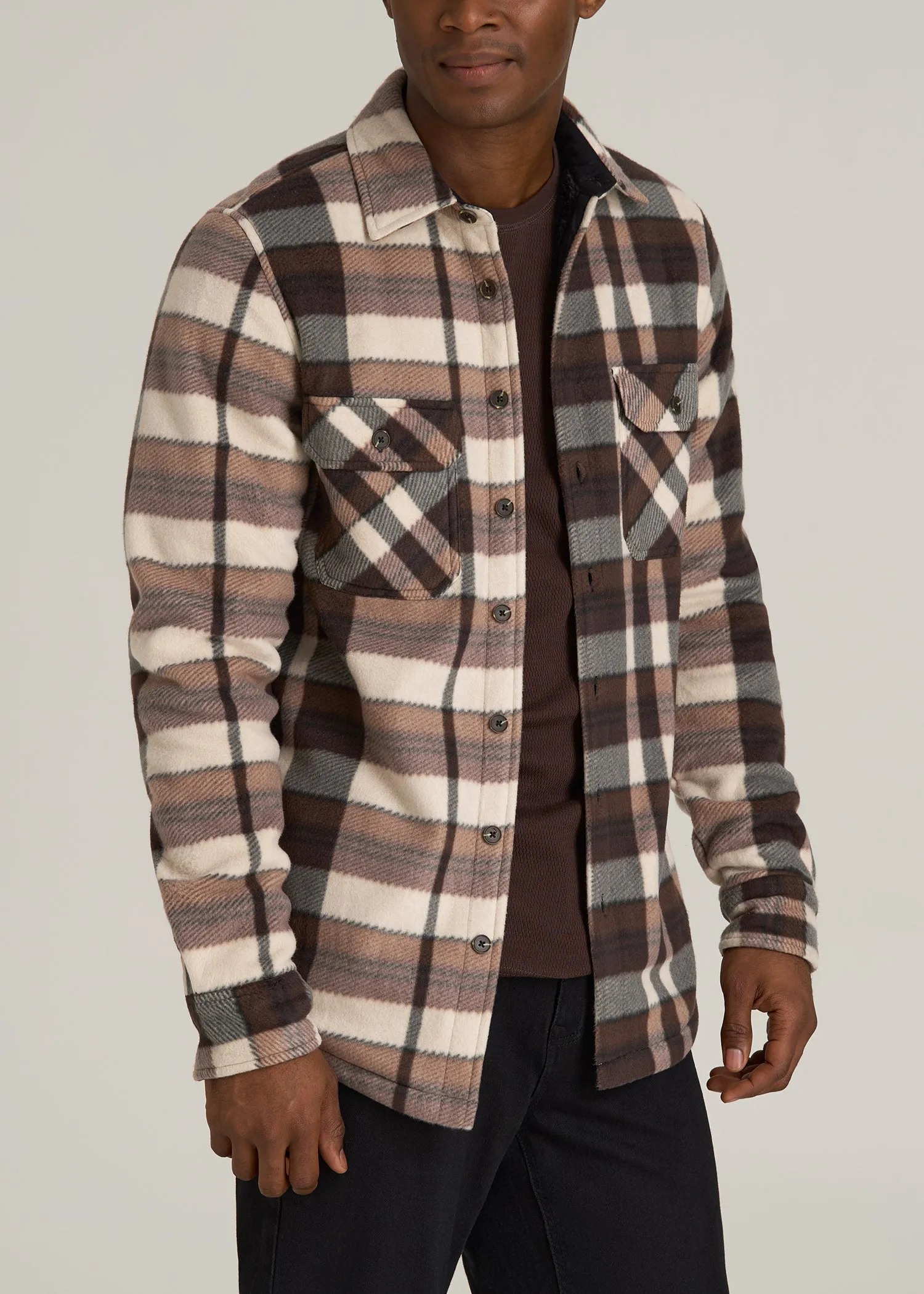 Sherpa-Lined Fleece Overshirt for Tall Men in Beige Tartan sold by American Tall product image thumbnail 3