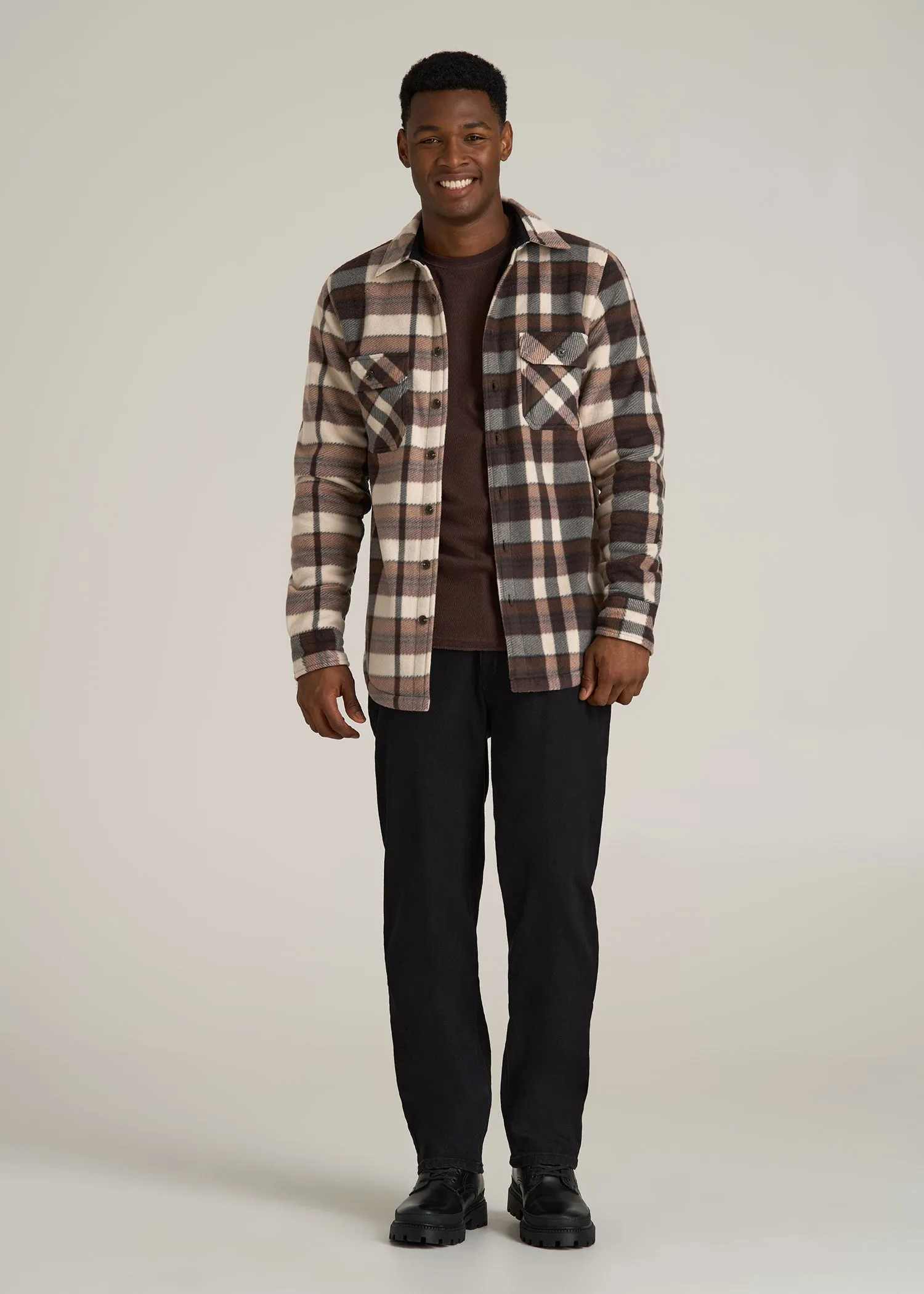 Sherpa-Lined Fleece Overshirt for Tall Men in Beige Tartan sold by American Tall product image thumbnail 4