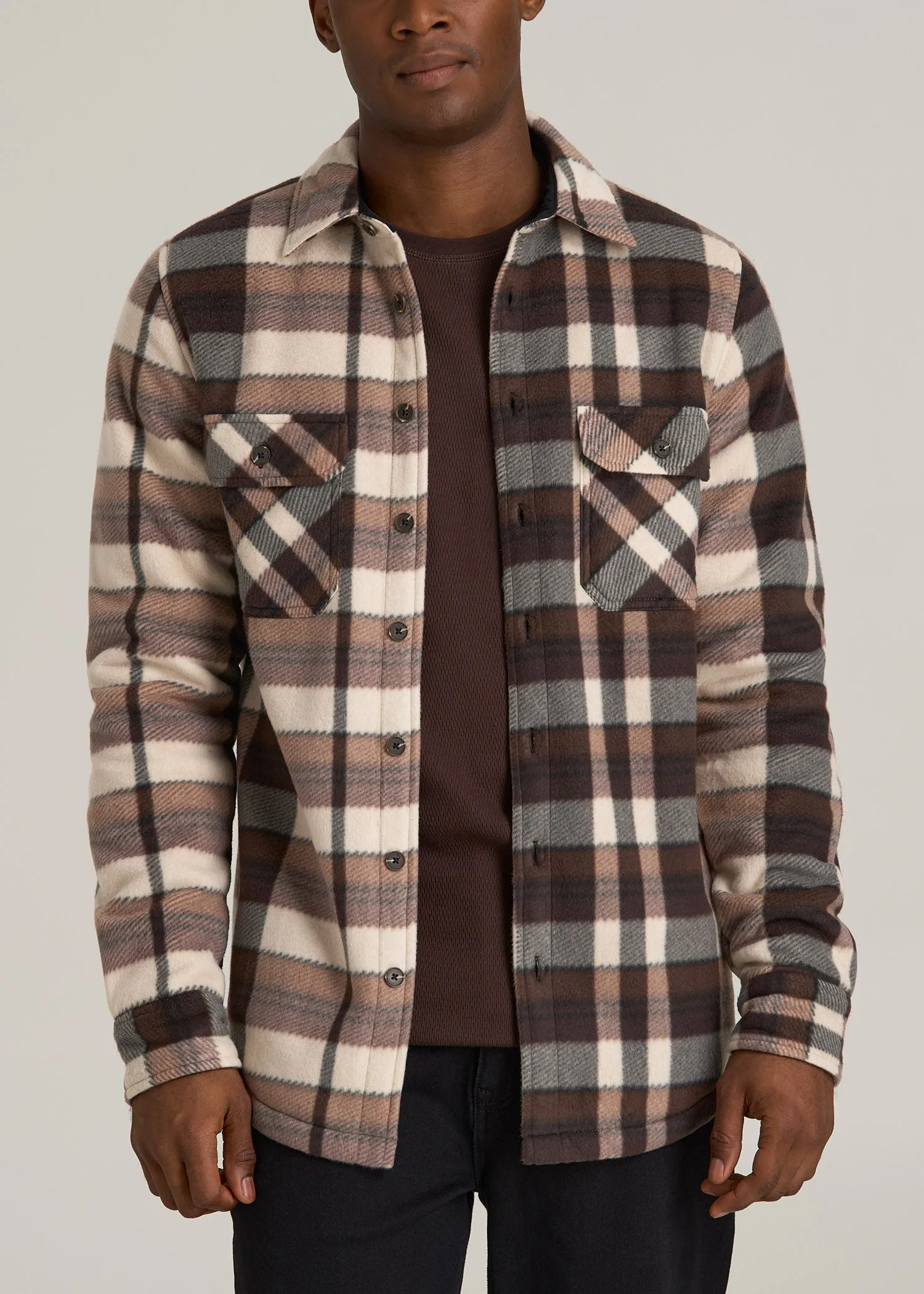 Sherpa-Lined Fleece Overshirt for Tall Men in Beige Tartan sold by American Tall
