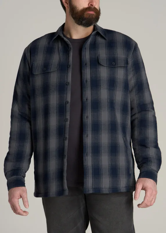 LJ&S Men's Tall Sherpa Lined Shirt Jacket in Midnight Navy & Medium Grey Plaid sold by American Tall