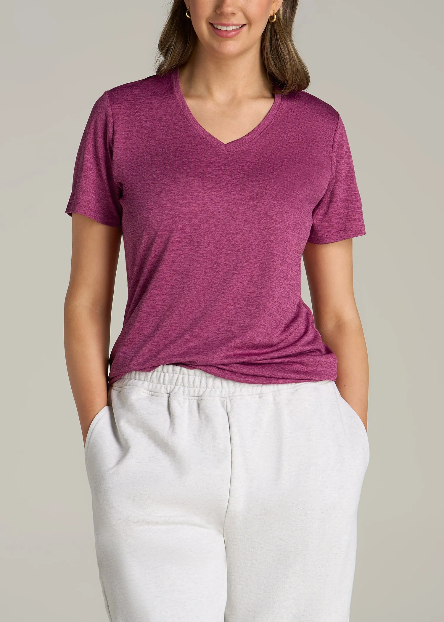 Short Sleeve Active V Neck T-Shirt for Tall Women in Raspberry Space Dye sold by American Tall