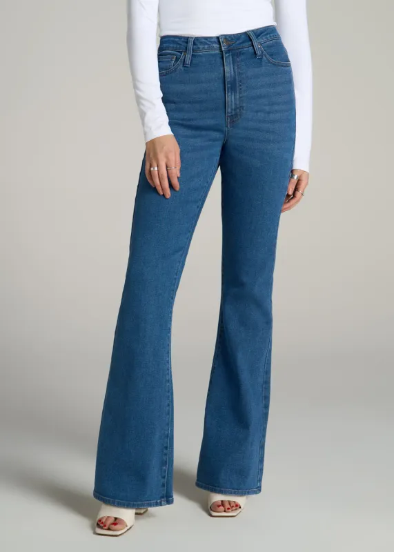 Chloe High Rise Flare Jeans for Tall Women in Washed Medium Indigo sold by American Tall