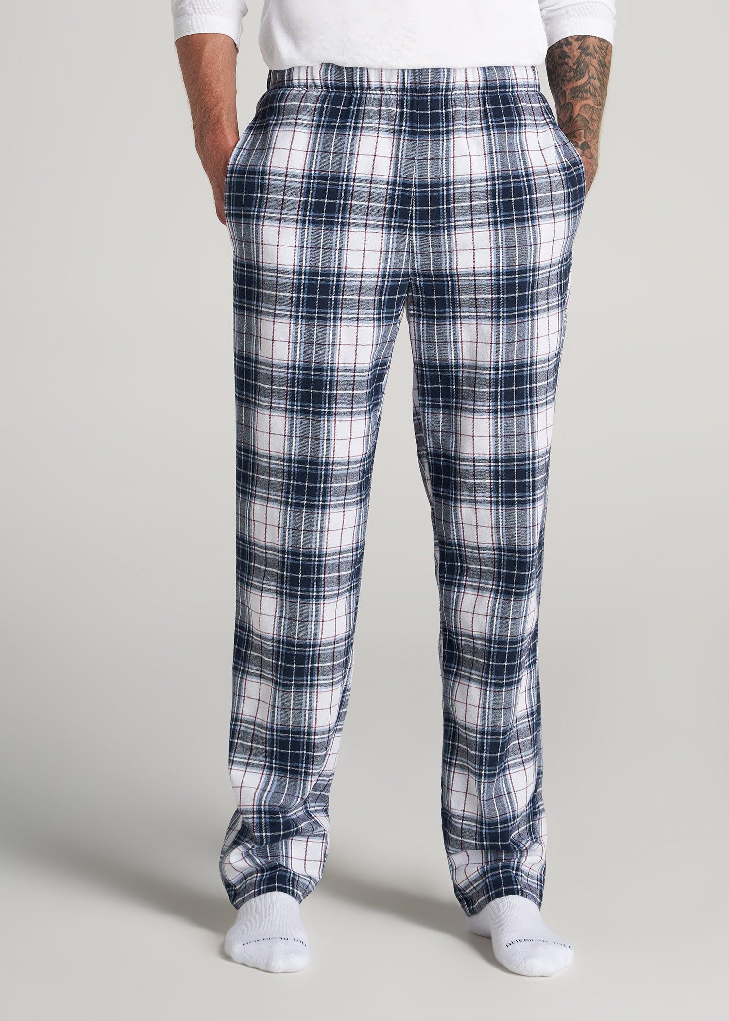 Plaid Pajama Pants for Tall Men in Dark Cobalt & Red Plaid sold by American Tall